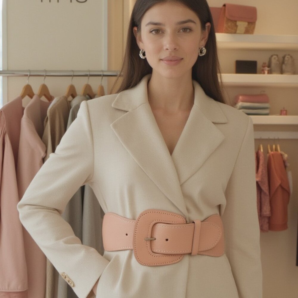 Cool Women Light Powder Pastel Pink Wide Stretch Waistband Belt Square Buckle